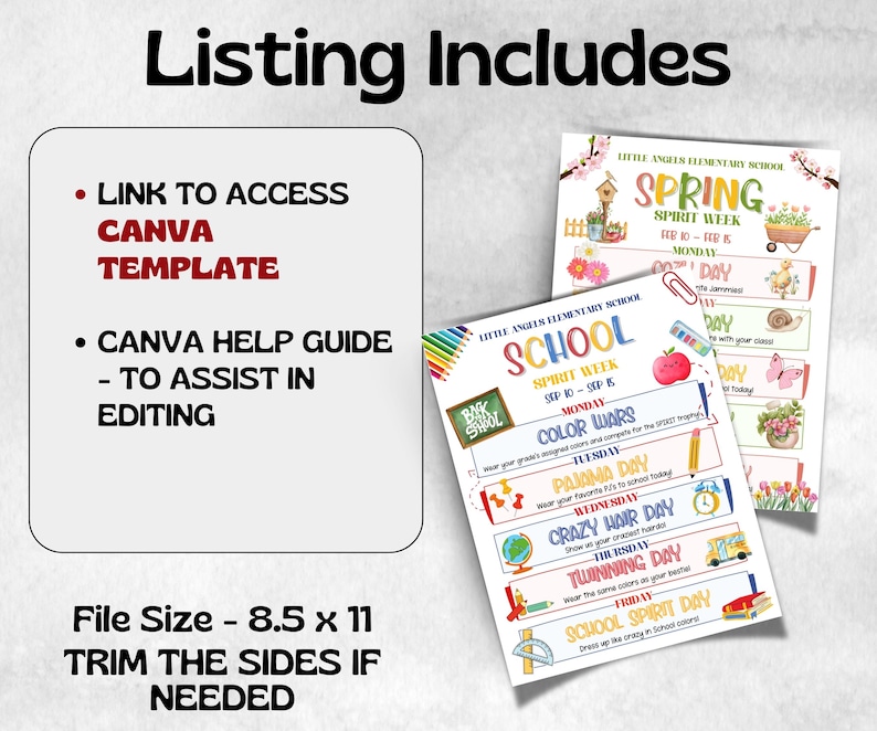 Puede incluir: Plantilla de horario de semana de esp&iacute;ritu escolar imprimible para la escuela primaria Little Angels. La plantilla incluye un enlace para acceder a una plantilla de Canva, una gu&iacute;a de ayuda de Canva y un tama&ntilde;o de archivo de 8,5 x 11 pulgadas. El horario incluye temas diarios como Color Wars, Pajama Day, Crazy Hair Day, Twinning Day y School Spirit Day.