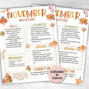 Thanksgiving November Klassenzimmer Newsletter, Elternmitteilung, Kita Newsletter Canva Vorlage, Schulbrief, 1
