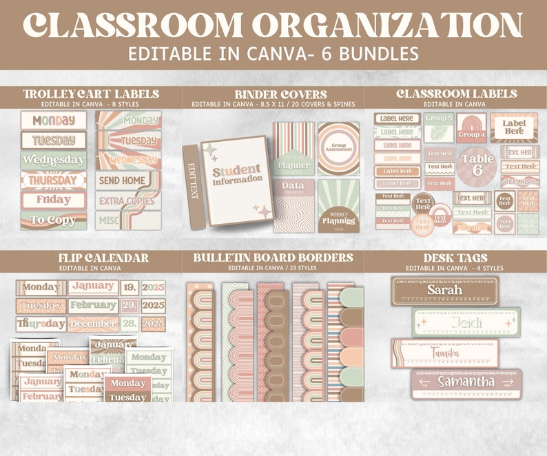 May include: A set of printable classroom organization labels and borders in a retro 70s style with brown, peach, and green colors. The set includes trolley cart labels, binder covers, classroom labels, a flip calendar, bulletin board borders, and desk tags. The labels are editable in Canva.