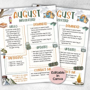 August Camping Classroom Newsletter, Daycare Class Newsletter, Newsletter Template, Canva Template School Newsletter, Parent Communication
