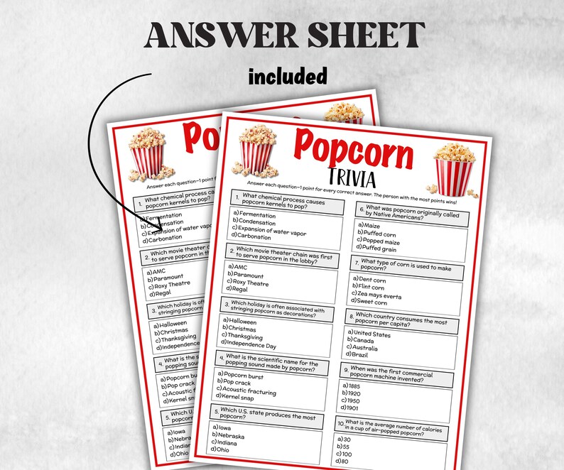 Popcorn Questions Printable Popcorn Trivia Game, Poprcorn Theme Birthday Activity ...