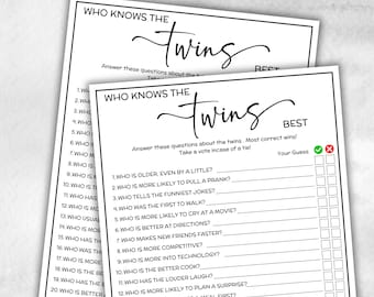 How well do you know the twins, minimalist Twin Birthday Game, Twins Trivia, group games, Tween Teen Twin Birthday survey, office party