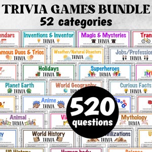 May include: A collection of trivia game cards with various categories, including history, science, and pop culture. The image displays the text "TRIVIA GAMES BUNDLE" with "52 categories" and "520 questions" prominently featured.