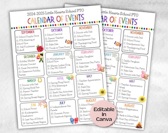 May include: A colorful printable calendar of events for a school's PTO, with each month highlighted in a different color and featuring a small illustration. The calendar lists events for the 2024-2025 school year, including school supply drives, parent-teacher conferences, holiday events, and more.