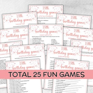 May include: A collection of 25 pink and white 18th birthday game cards. Each card features a different game, such as "This or That" and "Candy Match Up". The words "Total 25 Fun Games" are displayed at the bottom.