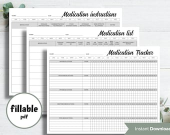 Op de afbeelding: Printbare medicijn tracker, instructies en lijst. De tracker heeft een raster voor elke dag van de maand met ruimte voor medicijnen in de ochtend, middag, avond, voor het slapengaan en indien nodig. De instructies en de lijst bieden ruimte voor medicijnnaam, dosering, toedieningstechnieken, interacties met voedsel, opslaginstructies, bijwerkingen, allergieën en notities.