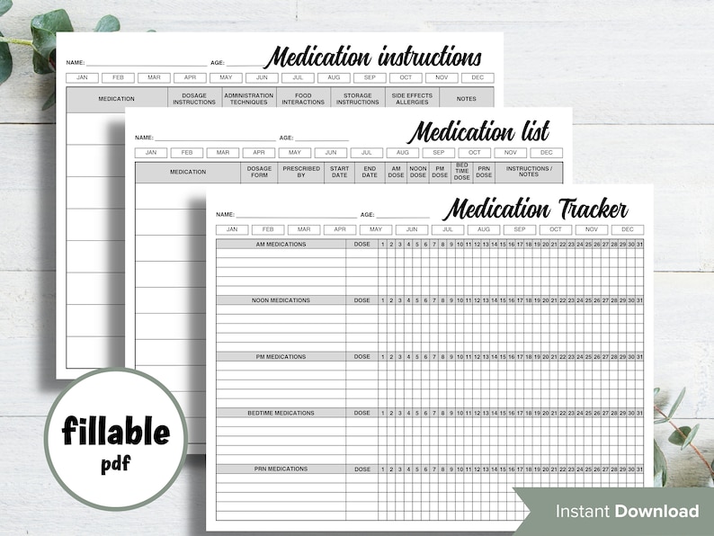 May include: Printable medication tracker, instructions, and list. The tracker has a grid for each day of the month with space for AM, noon, PM, bedtime, and PRN medications. The instructions and list have space for medication name, dosage, administration techniques, food interactions, storage instructions, side effects, allergies, and notes.