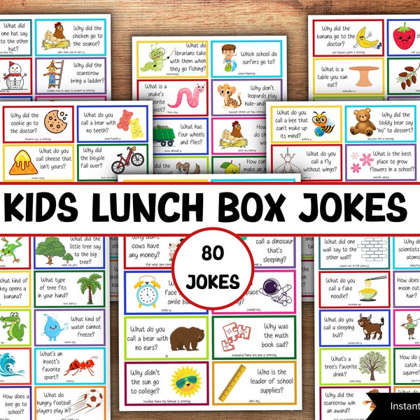 Printable 80 Lunchbox Jokes for Kids | Joke Cards | Funny Riddle Notes | Back to School | Personalized Lunchbox Notes I Lunch Box Notes