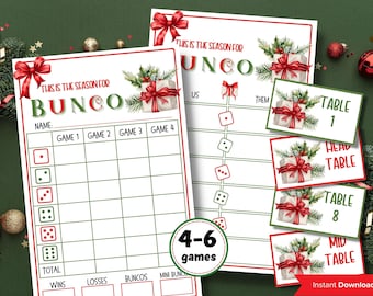 Noche de Bunco I Hoja de puntuación de Bunco navideña imprimible / Invitación de Bunco navideña / Juego de Bunco / Hoja de recuento I Tarjetas de puntuación de Bunco I Feliz Bunco