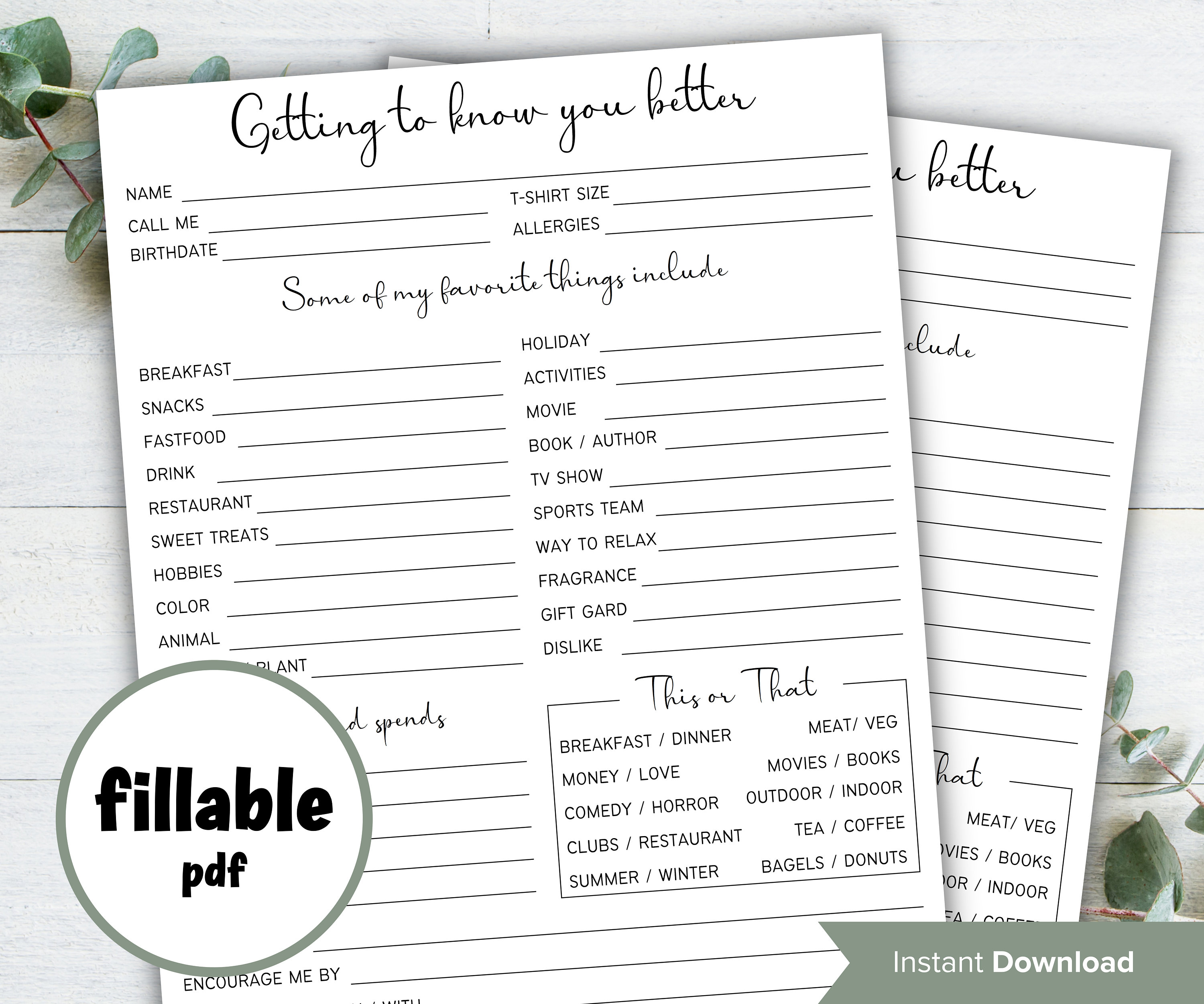 Coworker Questions Fillable Employee Questions I All About Me Survey Employee Favorite Thing ...