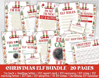 May include: A Christmas Elf printable bundle with 20 pages. The bundle includes a variety of printable activities, such as "I'm Back", "Elf Report Card", "Elf Recovery", "Elf Rules", "Elf Warning Letter", "Elf Cam", "Elf Adoption", "54 Elf Notes", and a "Christmas Elf Calendar".