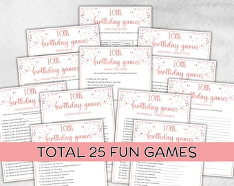May include: A collection of pink and white 10th birthday game cards. The cards feature various game titles like "Word Whiz," "Have You Ever," and "Scramble - Unscramble." The text "Total 25 Fun Games" is displayed at the bottom.