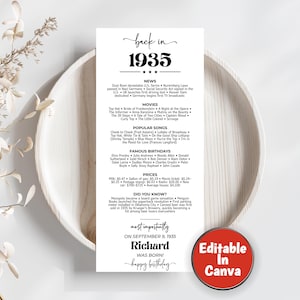 May include: A white vertical sign with the text "back in 1935" and a list of news, movies, popular songs, famous birthdays, and prices from that year. The sign also includes the text "Richard was born!" and "happy birthday."