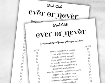 Book Club Ever or Never, Book club hosting, Bookworm meeting ideas, bookstagram theme party, coversation starters, trivia challenge, themed