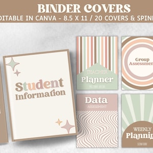 May include: A set of 20 printable binder covers in a retro aesthetic with pastel colors and geometric patterns. The covers feature text such as "Student Information", "Teacher Planner", "Data Assessment", "Group Assessment", and "Weekly Planning".