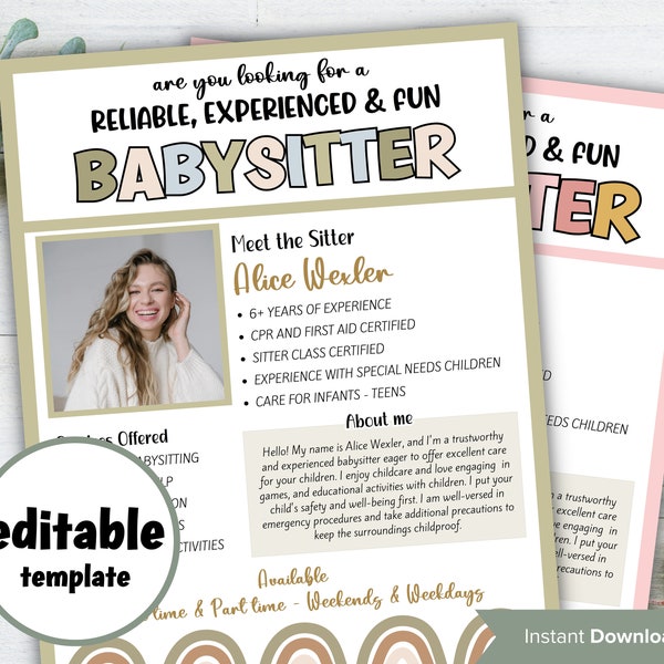 Editable Babysitter Flyer, Childcare Services Community Caretaker Printable Flyer, Babysitter Flyer, Small Business template , Canva Flyer