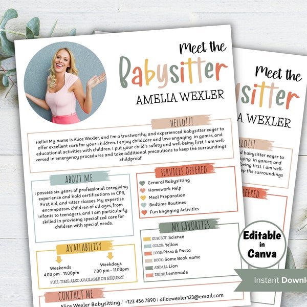 Childcare Services, Community Caretaker Printable Flyer, Editable Babysitter Flyer, Small Business template , Canva Flyer, babysitter resume