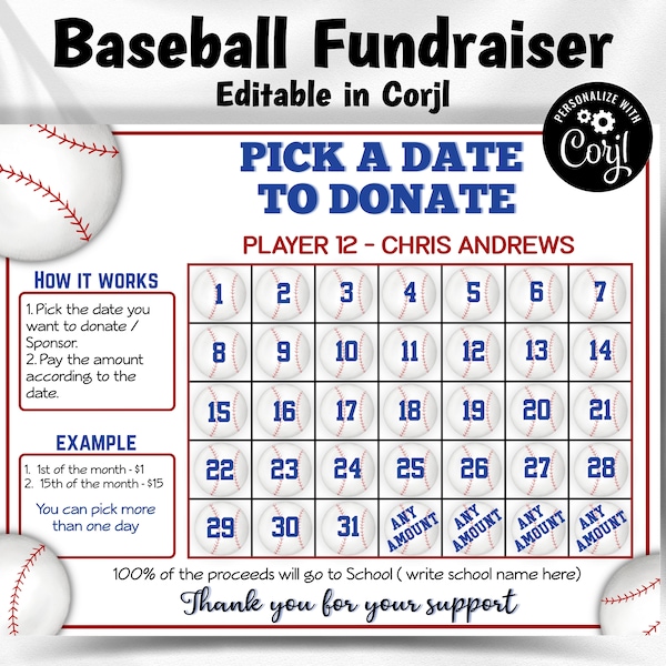 Baseball Calendar Fundraiser | Editable in Corjl File | Baseball Fundraiser | Pick A Date To Donate | Baseball Team Ideas I Pick A Date