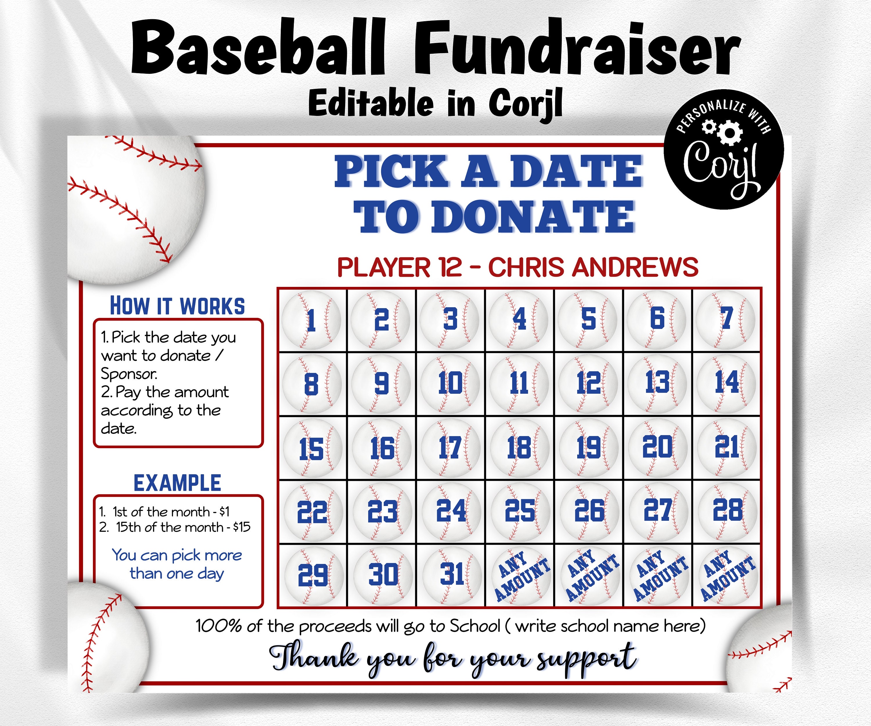 Zbiórka funduszy w kalendarzu baseballowym | Edytowalny w pliku Corjl | Zbiórka funduszy w baseballu | Wybierz datę, aby przekazać darowiznę | Pomysły na drużynę baseballową Wybieram datę
