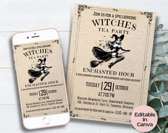 Halloween vintage, modèle modifiable de fête de thé d'Halloween, sorcière nuptiale de douche, invitation de brunch gothique, nuit de filles