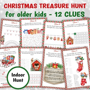 Actividad navideña de búsqueda del tesoro / Búsqueda del tesoro en interiores / Búsqueda del tesoro de elfos navideños / Juegos imprimibles de Navidad para niños / juegos para adolescentes