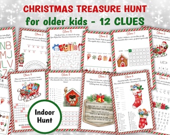 May include: A printable Christmas treasure hunt game for older kids with 12 clues. The game includes a variety of puzzles, including word searches, mazes, and code-breaking activities. The clues are illustrated with festive Christmas imagery.