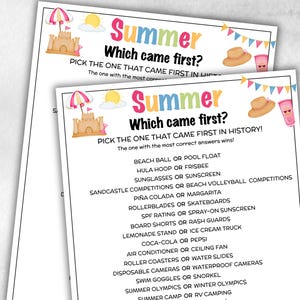 May include: Two white sheets of paper with the word "Summer" in colorful text, featuring a beach theme. The text "Which came first?" is above a list of summer-related items. The top of the paper has illustrations of a sandcastle, sun, and umbrella.