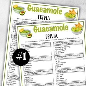 May include: Two printed trivia sheets about guacamole. The top of each sheet has the word "Guacamole" in a green, playful font, with the word "TRIVIA" below it. Each sheet has a bowl of guacamole with chips and an avocado.