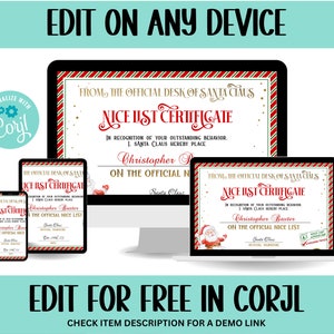 Pode incluir: Uma maquete digital de um certificado de Natal imprim&iacute;vel que diz "Nice List Certificate" da mesa oficial do Papai Noel. O certificado &eacute; personaliz&aacute;vel e pode ser editado gratuitamente no Corjl. A imagem mostra o certificado em um computador desktop, um tablet e um smartphone.