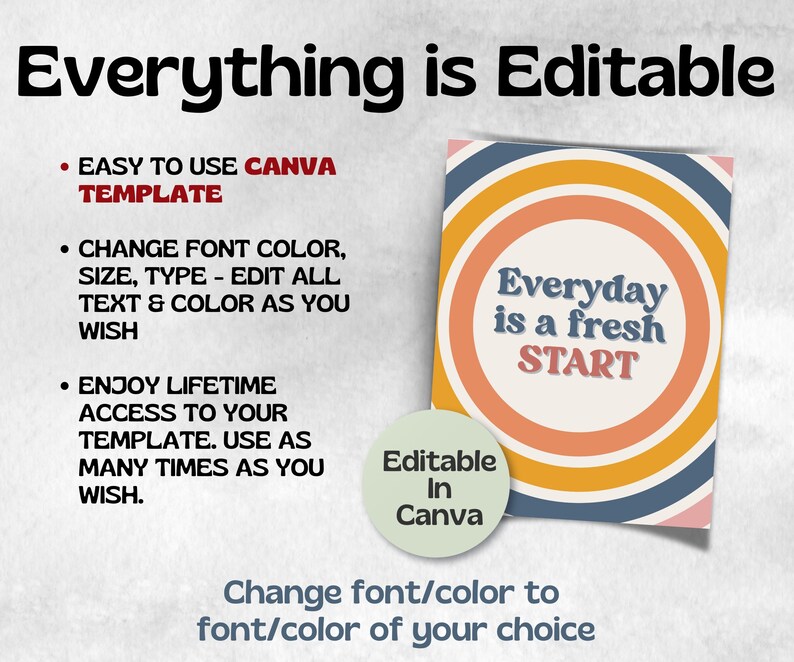 May include: A digital template with the text "Everything is Editable." The design includes a circular graphic with the words "Everyday is a fresh START." The template is editable in Canva, allowing users to change font and colour.