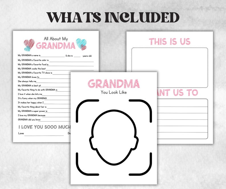Pu&ograve; includere: Fogli di attivit&agrave; stampabili per una festa a tema nonna. I fogli includono suggerimenti per scrivere su una nonna, uno spazio per disegnare un ritratto di una nonna e una sezione per scrivere su cosa vuoi fare con la tua nonna.