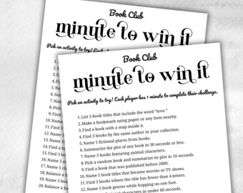 Book Club Minute To Win It, Book club hosting, Bookworm meeting, bookstagram theme party, coversation starter, one minute game, themed party