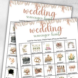 Puede incluir: Dos hojas de juego de búsqueda del tesoro de boda con un diseño floral. El texto "wedding scavenger hunt" está en cursiva. El juego incluye ilustraciones de artículos relacionados con la boda como pastel, anillos y un arco de boda.