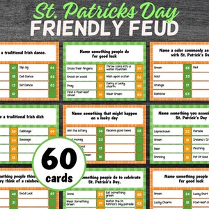 Könnte beinhalten: Ein Set mit 60 Karten für ein freundliches St. Patrick's Day-Feud-Spiel. Die Karten sind orange und grün mit einem karierten Muster. Jede Karte enthält eine Frage und eine Liste von Antworten mit Punkten, die jeder Antwort zugewiesen werden.