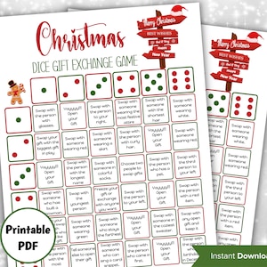 Dice Gift Exchange Christmas Game, holiday gift swap activity, printable office icebreaker game, pass or swap the present game,  party night