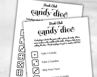 Book Club Candy Dice, Book club hosting, Bookworm meeting, bookstagram theme party, coversation starters, trivia challenge, themed party
