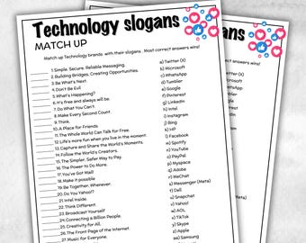 Technology Slogan Trivia, TV Commercial Trivia, Office Party, Teens Adult,Ad Slogan Match Up Quiz game, social media trivia, Internet Quiz