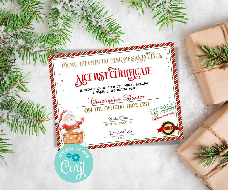 Pode incluir: Um certificado com listras vermelhas e verdes sobre um fundo branco. O certificado diz "Nice List Certificate" e &eacute; do "The Official Desk of Santa Claus". Indica que "Christopher Baxter" est&aacute; na "Official Nice List". O certificado est&aacute; datado em "Dec 24th, 23".