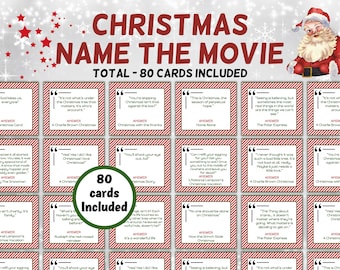 May include: A set of 80 Christmas movie trivia cards with red and white striped backgrounds. Each card features a quote from a popular Christmas movie and the answer is listed below. The cards are perfect for a fun Christmas party game.