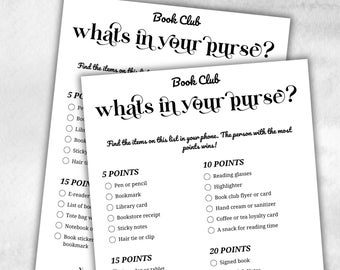 What's in your purse, Book club hosting, Bookworm meeting idea, bookstagram theme party, coversation starter, trivia challenge, themed party