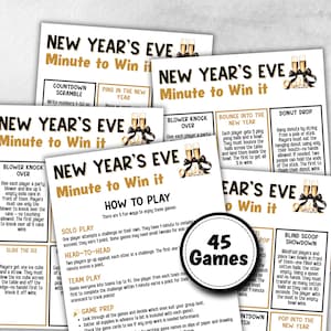 May include: A set of New Year's Eve Minute to Win It game cards. Each card displays game titles, instructions, and illustrations, with a central graphic indicating "45 Games". The design includes champagne flutes.