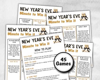 May include: A collection of New Year's Eve Minute to Win It game cards. The cards feature game titles, instructions, and illustrations, with a central graphic indicating "45 Games". The design includes champagne flutes.