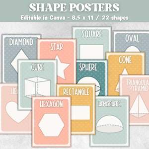 May include: A collection of educational shape posters, each featuring a different geometric shape such as a square, oval, or diamond. The posters are in pastel colors and measure 8.5 x 11 inches. The text "SHAPE POSTERS" is at the top.