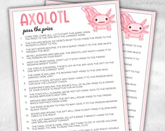 May include: Two sheets of paper with a pink border and text. The top of the paper reads "AXOLOTL pass the prize" with a cartoon axolotl illustration. The text below lists instructions for a game.
