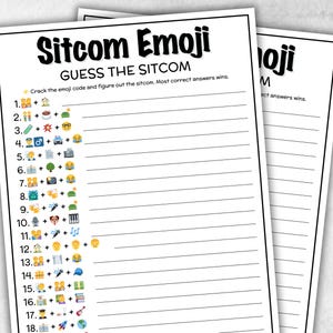 May include: Two white sheets of paper with the title "Sitcom Emoji" and the prompt "Guess the Sitcom." The sheets contain numbered lines with emoji-based clues. The text "Crack the emoji code and figure out the sitcom. Most correct answers wins" is also visible.