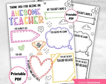 Teacher Appreciation Letter | End Of Year Gift I Printable Teacher Appreciation Week | Printable All About My Teacher Thank You Card |