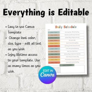 May include: A printable daily schedule template for kids with colorful blocks and text that says "Daily Schedule" and "Edit in Canva".