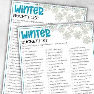 May include: Two winter bucket list printables with a teal and white snowflake design. The lists include activities like building a snowman, baking cookies, and visiting a winter festival. The text "Winter Bucket List" is at the top.