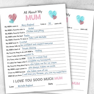 Questionnaire Tout sur ma mère à imprimer, cadeau personnalisé, activité de coloriage, remplir les blancs, cadeau souvenir imprimable, cadeau pour maman de