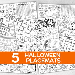 May include: A set of five Halloween-themed placemats with various activities, including mazes, word searches, and coloring pages. The placemats feature black and white illustrations of pumpkins, ghosts, and other spooky elements. The text "5 Halloween Placemats" is displayed.